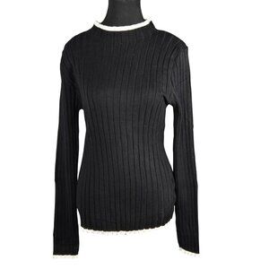 NWT | Black Ribbed Knit Mock Neck Long Sleeve Sweater Top White Trim | XLarge